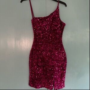 Crystal Sky size XS pink sequin bodycon one shoulder double stretchy strap dress